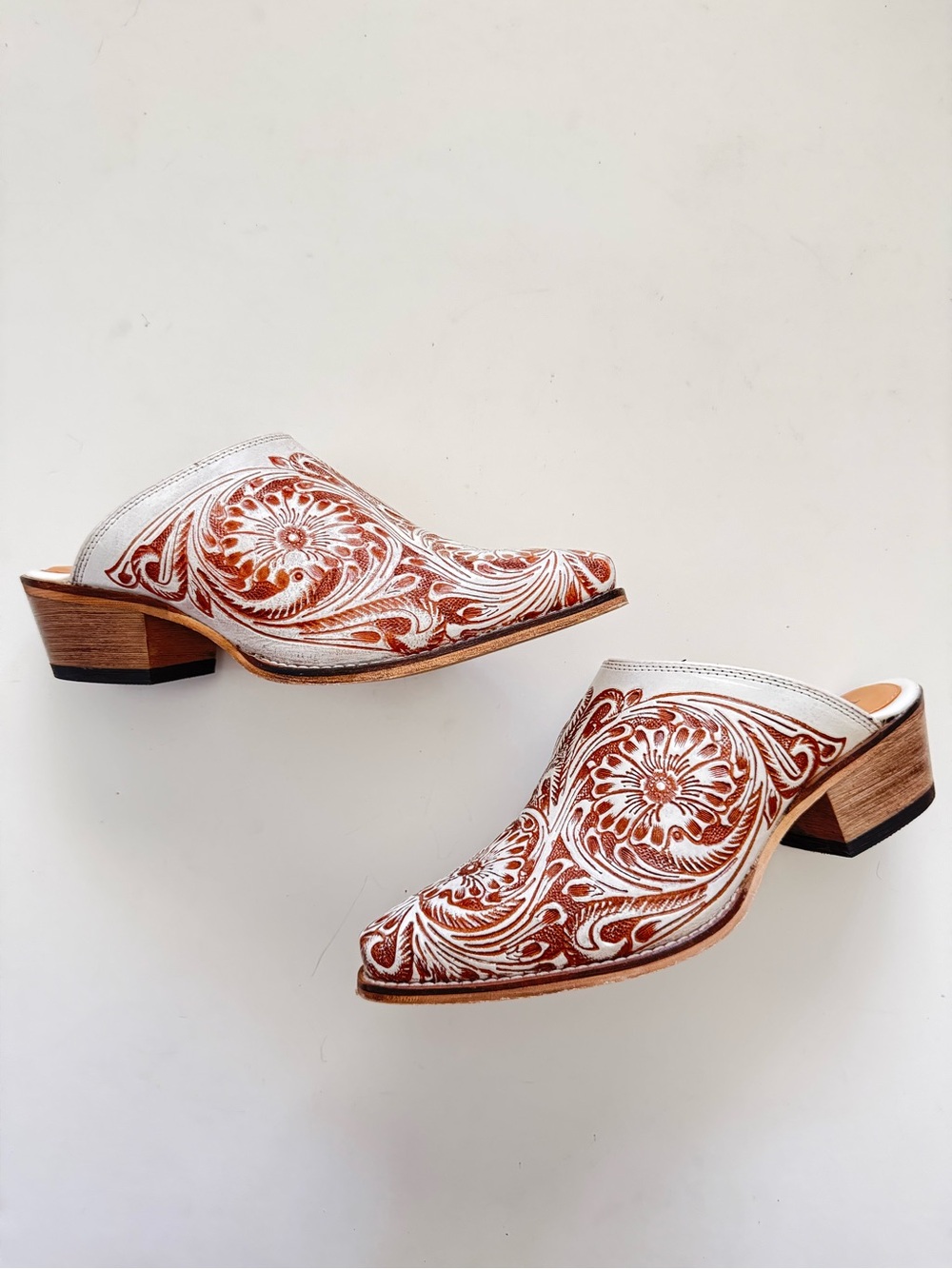 Myra Bag White and Brown Tooled Leather Mules